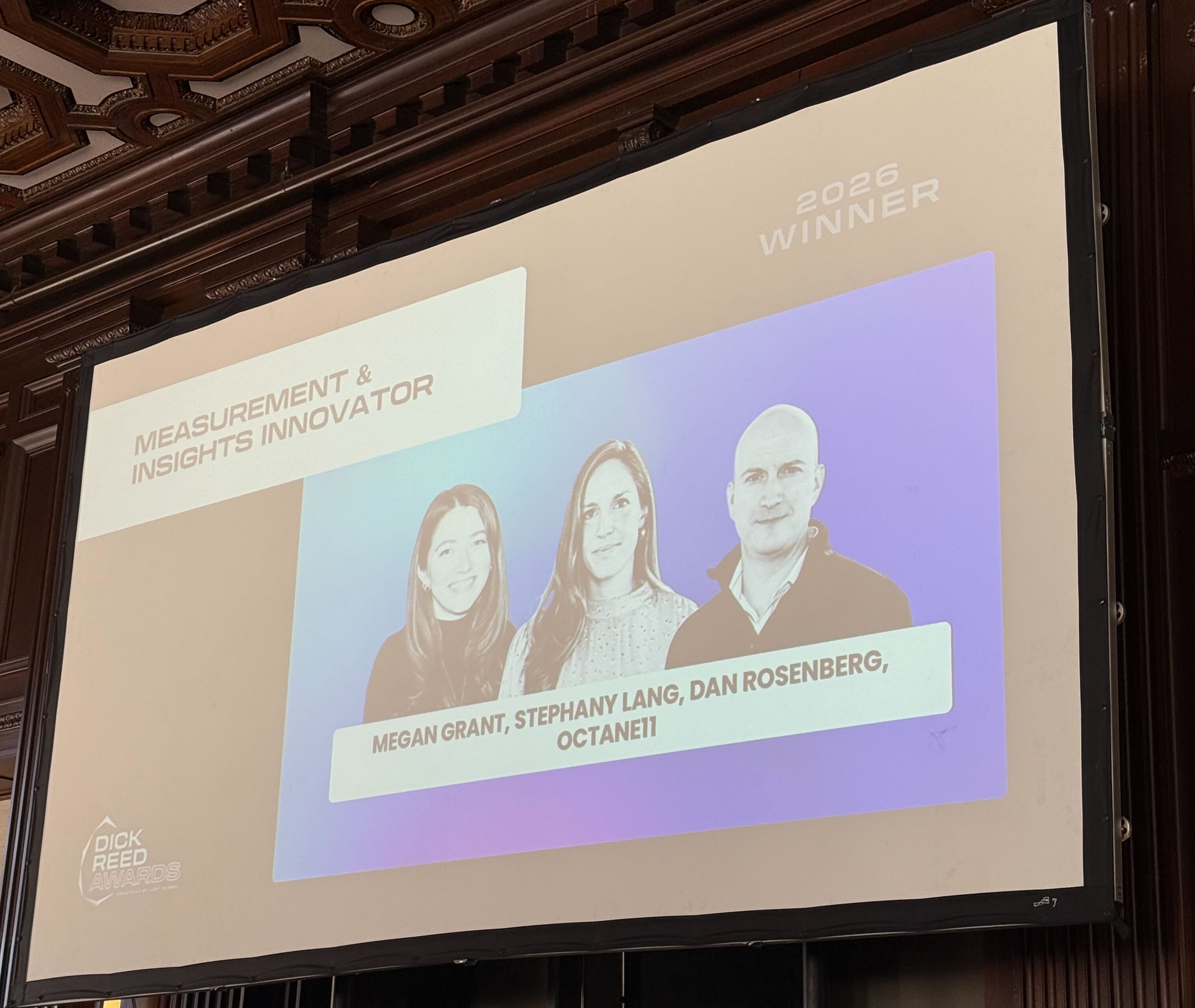 2026 Dick Reed Awards winner slide for the Measurement and Insights Innovator Award, recognizing the Octane11 team